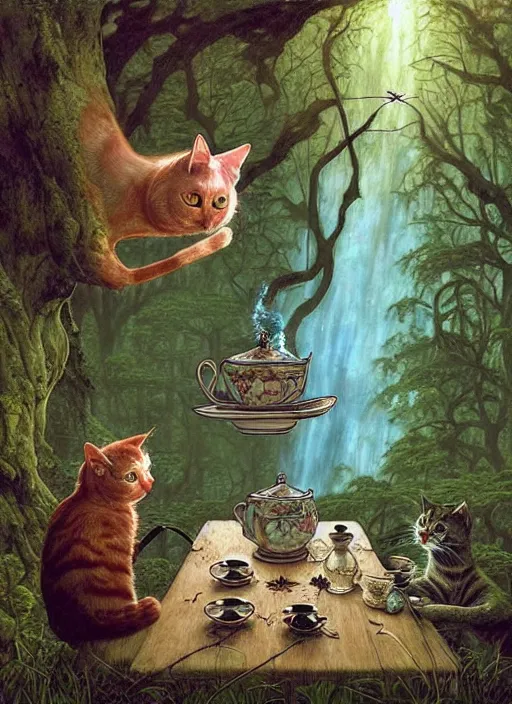 Image similar to cat having tea with a sorceress at a shrine in the woods by a stream, river gorgeous lighting, lush forest foliage blue sky a hyper realistic painting by chiara bautista and beksinski and norman rockwell and greg rutkowski weta studio, and lucasfilm