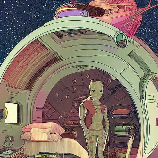 Image similar to baby groot lies completely flat in bed the space ship, by victo ngai