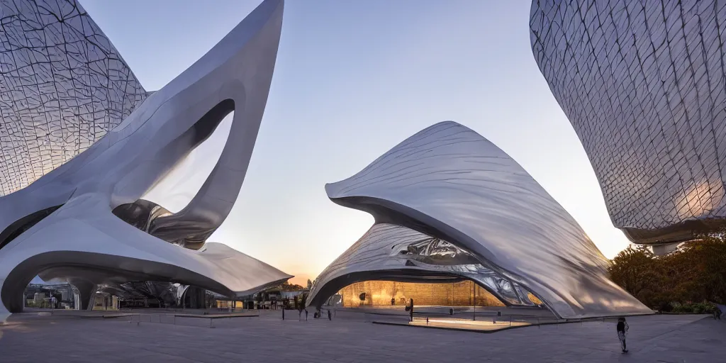 Image similar to extremely detailed ornate stunning sophisticated beautiful elegant futuristic museum exterior by Zaha Hadid, stunning volumetric light, stainless steal, concrete, translucent material, beautiful sunset, tail lights