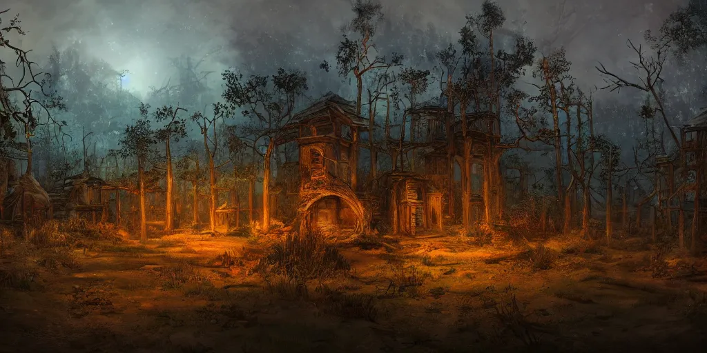 Image similar to an abandoned forest village in dnd at dusk, high definition