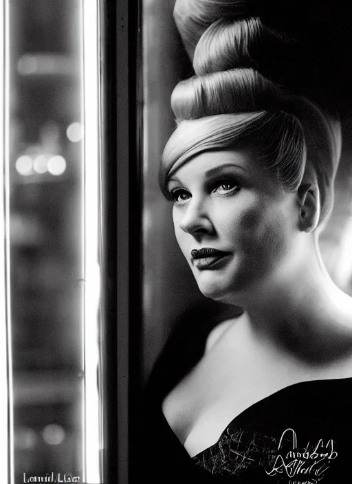 Image similar to a hyper realistic and detailed head portrait photography of a joan holloway, curvy, of mad men on madison avenue, new york city. by annie leibovitz. noir style. cinematic. neon lights glow in the background. ilford hp 5 4 0 0, canon eos c 3 0 0, ƒ 1. 8, 3 5 mm, 8 k, medium - format print