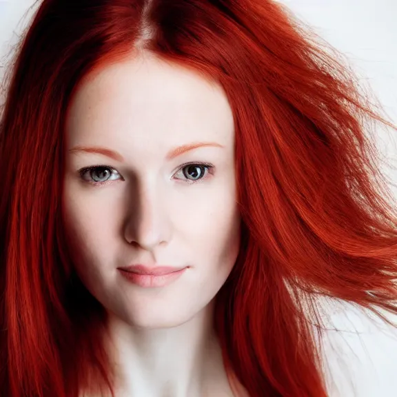 Image similar to portrait of a plain looking young white female model red hair and uneven skintone and a round shaped face