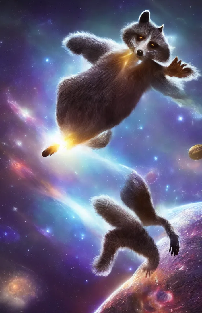 Image similar to A digital concept art painting a space cosmic racoon in the stars 4K UHD image, unreal engine