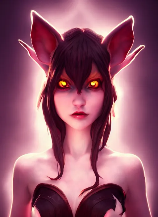 Image similar to imp demon goddess, cute elf ears, strapless dress, character portrait in the style of thomas river and artgerm, cinematic lighting, hyperdetailed, 8 k realistic, symmetrical, global illumination, radiant light,, frostbite 3 engine, cryengine, dof, trending on artstation, digital art, chanel