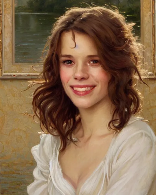 Image similar to a portrait painting of rachel lane / sabrina lloyd / perdita weeks / rachel mcadams / nicole de boer hybrid oil painting, gentle expression, smiling, elegant clothing, scenic background, extremely detailed and lifelike, artgerm, greg rutkowski, alphonse mucha, vladimir volegov, adolphe bouguereaum, jason edmiston