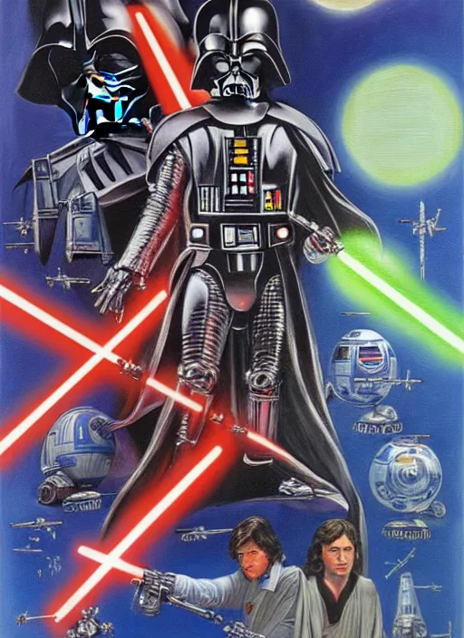 Image similar to 1 9 8 6 poster for star wars meets terminator. oil on canvas. print.