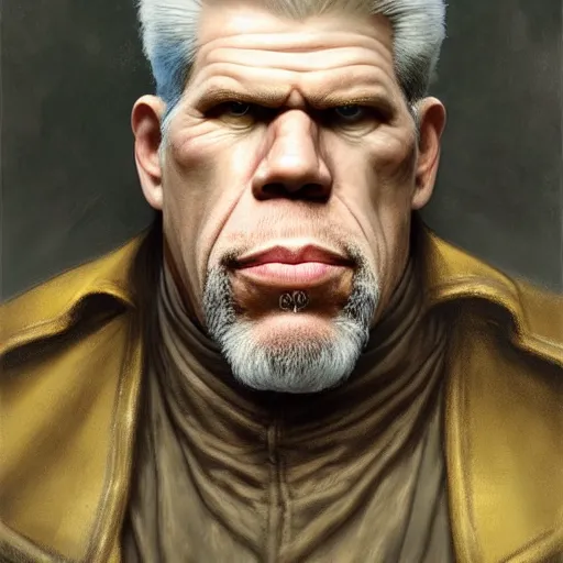 Image similar to full portrait of ron perlman as colonel wednesday bologna, fantasy, d & d, intricate, detailed, by by alphonse mucha, adolfo hohenstein, alice russell glenny, stanley artgerm lau, greg rutkowski, detailed, trending on artstation, trending on artstation, smooth