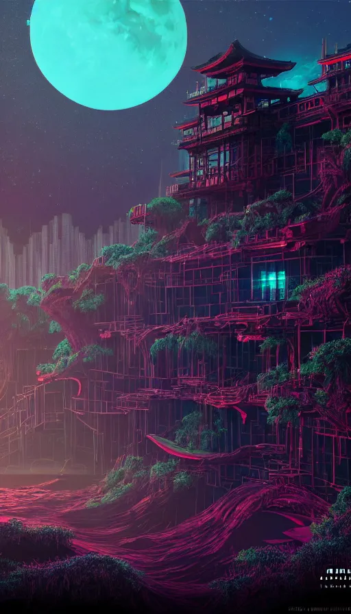 Image similar to reclaimed by nature by moon hoon, darkacademia atlantis cosmic san andreas at dawn neon signs tokyo synthwave universe, archdaily, wallpaper, highly detailed, trending on artstation.