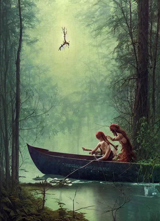Image similar to boat in the woods by a river gorgeous lighting, lush forest foliage blue sky a hyper realistic painting by chiara bautista and beksinski and norman rockwell and greg rutkowski, tom bagshaw weta studio, and lucasfilm