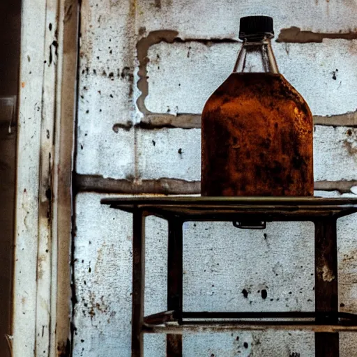 Image similar to bottle of milk, over a rusted metal table inside slaughterhouse