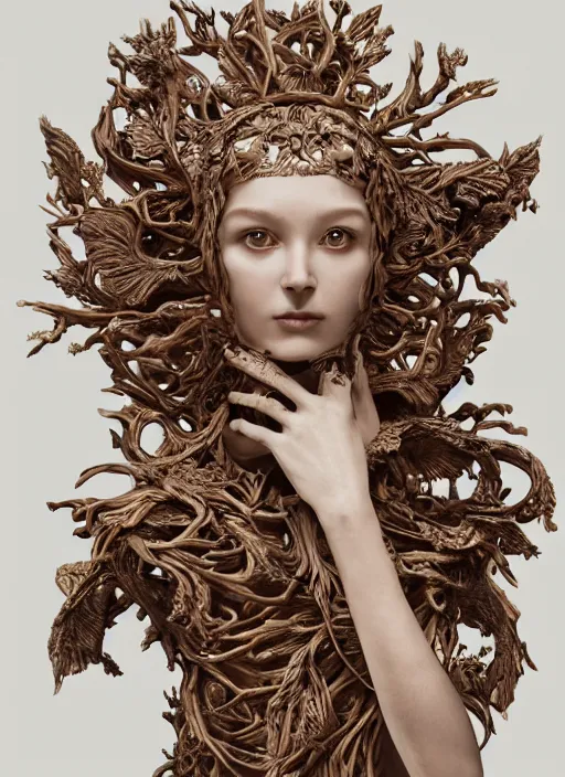 Prompt: sculpture made of wood, portrait, female, future, wood, tree, harper's bazaar, vogue, magazine, insanely detailed and intricate, concept art, close up, ornate, luxury, elite, elegant, trending on artstation, by ruan jia, by Kenneth Willardt, by ross tran, by WLOP, by Andrei Riabovitchev,
