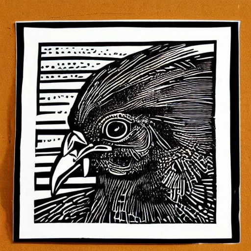 Prompt: a LinoCut Print print of a beautiful a Chicken by Vladimir Zimakov.