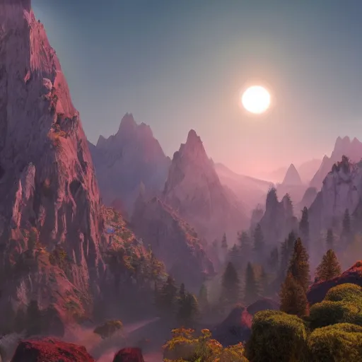 Image similar to cascade of multiple gigantic nancy pelosi, epic mountains in the background, sunrise, fantasy illustration, matte painting, concept art, low angle shot, volumetric lighting, volumetric atmosphere, morning mist, art by james gurney, unreal engine 5, 8 k