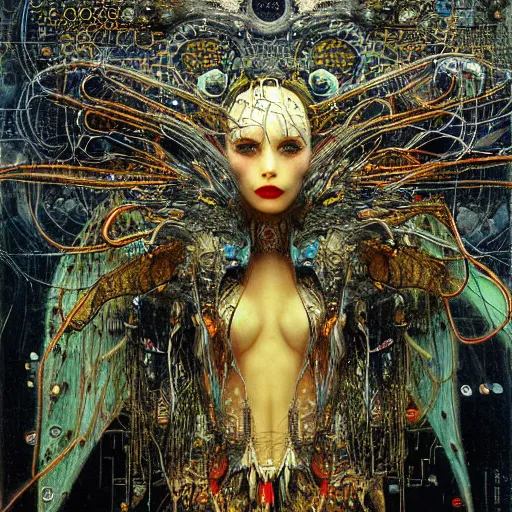 Image similar to winged cyberpunk demon trapped in circuitry, intricate detail, miro, royo, whealan, klimt,