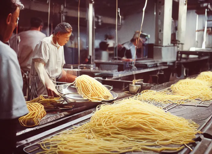 Image similar to a factory where people are processing fresh spaghetti, canon 5 0 mm, cinematic lighting, photography, retro, film, kodachrome, closeup