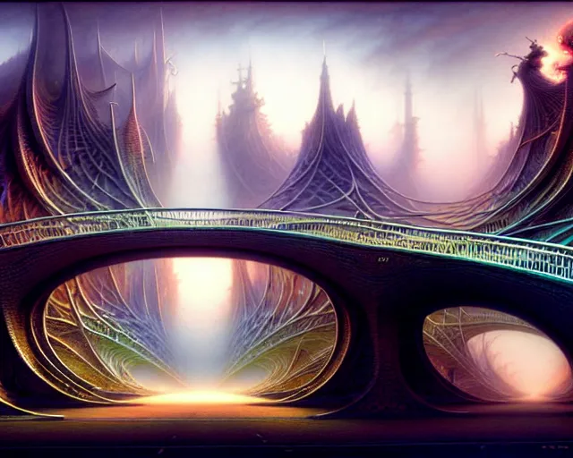 Image similar to street view of a bridge being held up by two handsl, fantasy landscape made of fractals facing each other, ultra realistic, wide angle, intricate details, the fifth element artifacts, highly detailed by peter mohrbacher, hajime sorayama, wayne barlowe, boris vallejo, aaron horkey, gaston bussiere, craig mullins