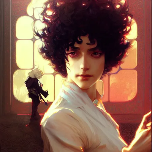 Prompt: Spike Spiegel, fantasy, intricate, elegant, highly detailed, digital painting, artstation, concept art, matte, sharp focus, illustration, art by Artgerm and Greg Rutkowski and Alphonse Mucha