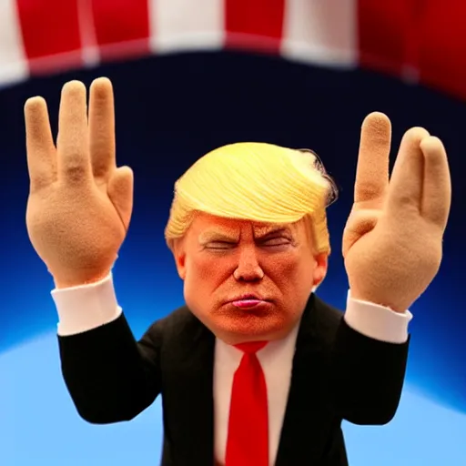 Image similar to Donald Trump realistic finger puppet, wide lens, diorama, 4k,