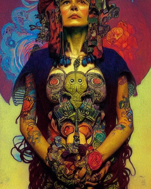 Image similar to rainbow flowerpunk portrait of a skateboarding tattooed matriarch by paul lehr, beksinski, alphonse mucha