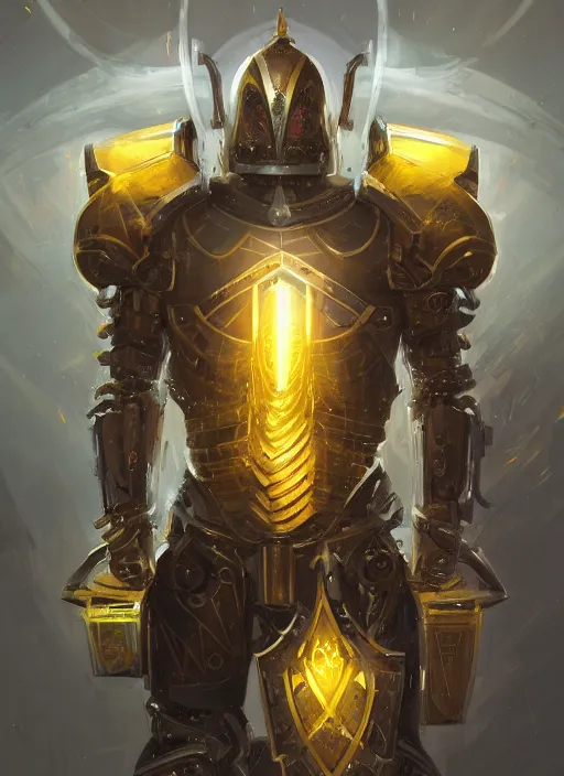 Image similar to dynamic attack position abstract portrait of a intricate glorious holy mechanical warforged character in yellow armor holding a paladin engraved great longsword drawn and carrying a big paladin shield, beam projector when eye is, face in focus, epic , trending on ArtStation, masterpiece, cinematic lighting, by Ross Tran and by Greg Rutkowski