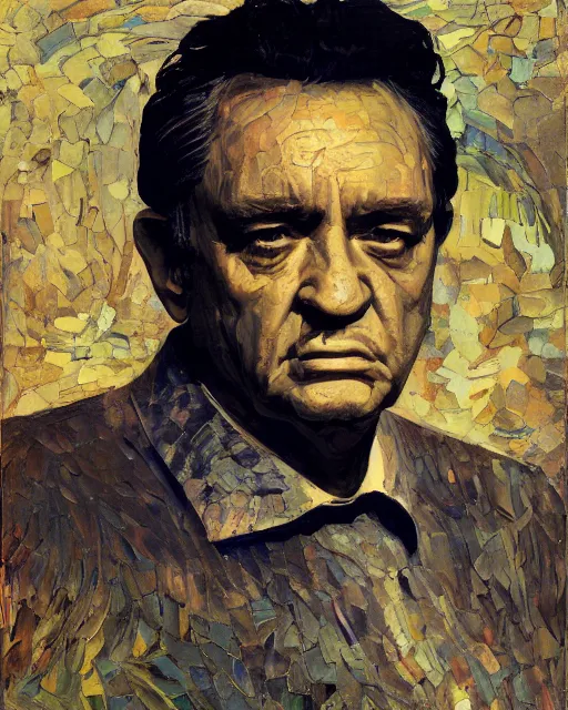 Image similar to painterly portrait, Johnny Cash, impasto, fantasy, chuck close:7, carl spitzweg:7, cinematic light, full face, symmetrical face