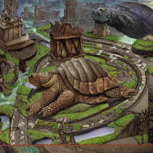 Prompt: large fantasy city on a giant tortoise's back while the tortoise walks through a wasteland. Realistic. Hyper detailed.