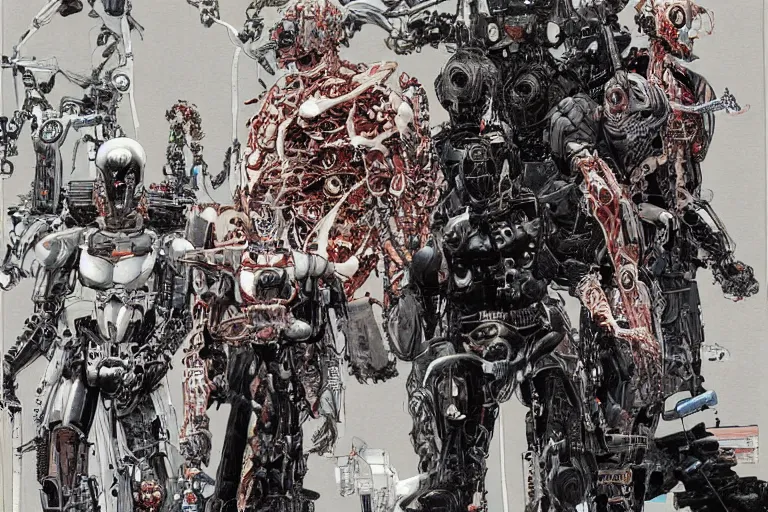 Image similar to cyborg bounty hunters, a color illustration by tsutomu nihei, tetsuo hara and katsuhiro otomo