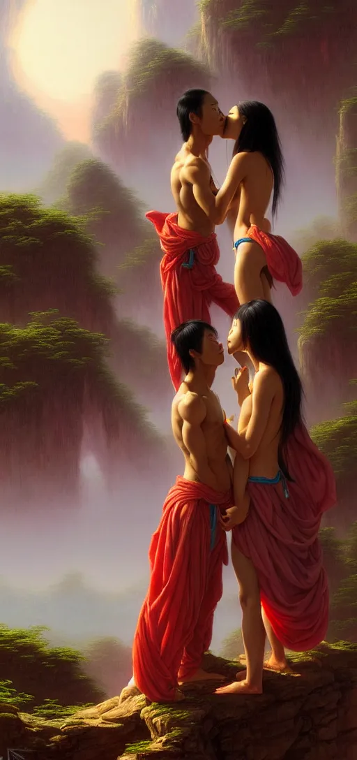 Prompt: young asian fit male and female, wearing clothes, kissing each other, by kyu yong eom thomas cole and wayne barlowe, 8 k, high detail, fantasy art, dnd, artstation,