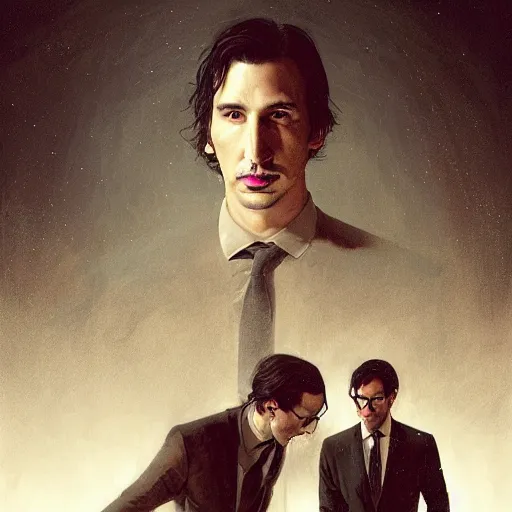 Image similar to painting of both john oliver and adam driver together, john oliver, adam driver, full body, elegant, beautiful, highly detailed, centered, dark, smokey, digital painting, concept art, smooth, sharp focus, illustration, deviant art, art by greg rutkowski, karol bak and peter mohrbacher