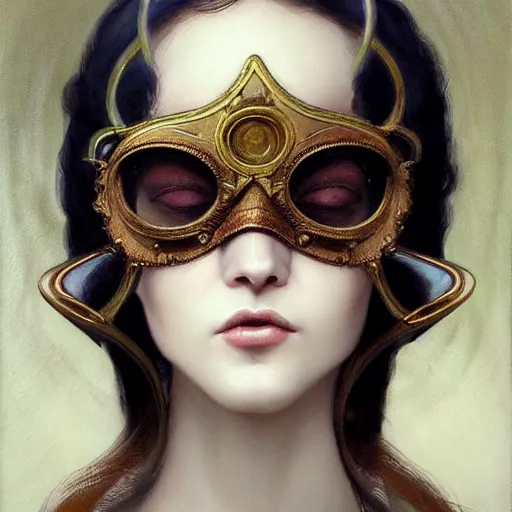 Image similar to tom bagshaw, soft painting of a curiosities carnival steampunk, porcelain beautiful young blessing tight mask in tight top bottom dress, perfectly detailed, symmetrical accurate intricate sensual features, highly detailed, artstation, sharp focus