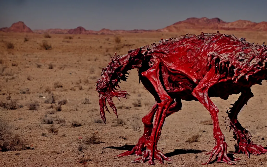 Prompt: in the desert a bloody gross horrifying The Thing creature made of muscle and bone and blood stares at the camera, eating, it walks on two legs, mid day, 35mm photography, realistic,