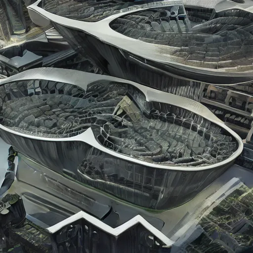 Image similar to sci-fi organic brutalism speed dynamic o x u shape airport structure view from above on the coronation of napoleon painting and digital billboard in the middle, unreal engine 5, keyshot, octane, artstation trending, ultra high detail, ultra realistic, cinematic, 8k, 16k, in style of zaha hadid, in style of photogrammetry point cloud, in plastic,dark, tilt shift,