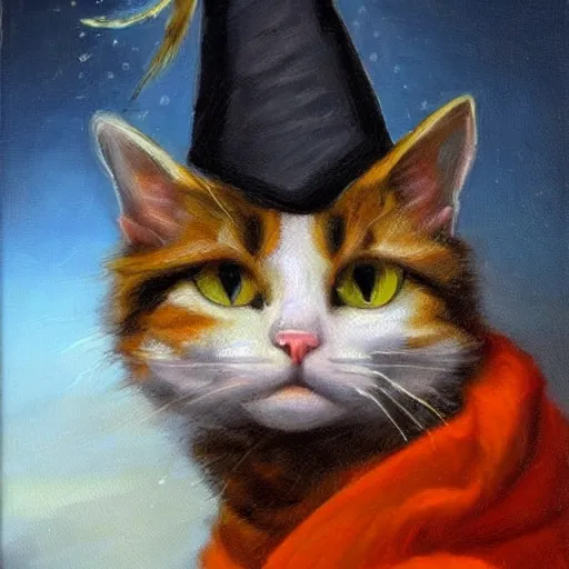 Prompt: an exquisite and deeply detailed oil painting of a cat in a wizard hat, in the style of the old masters, 8 k, beautiful charisuco lighting