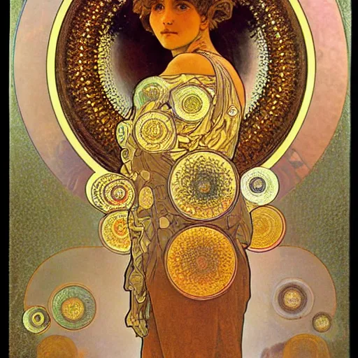 Image similar to A woman with a colored face, standing in gold foil, her face in discs, she has a diamond eye, orange Alphonse Mucha, Ernst Haeckel