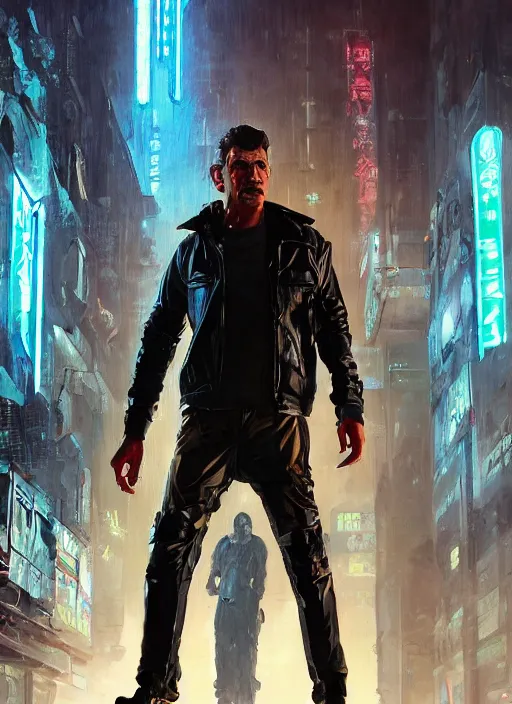 Image similar to andy griffith. cyberpunk mercenary in a cyberpunk jumpsuit ( blade runner 2 0 4 9, cyberpunk 2 0 7 7 ). orientalist portrait by john william waterhouse and james gurney and theodore ralli and nasreddine dinet, oil on canvas. cinematic, hyper realism, realistic proportions, dramatic lighting, high detail 4 k