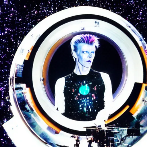 Prompt: a hyperreality concert david bowie wearing a dao yin - yang t - shirt performing on top of the spaceship in deep space, galaxies swirling around