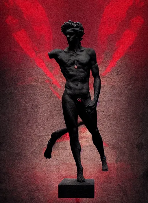 Image similar to dark design poster showing a greco roman statue, black background with very subtle red and purple design elements, powerful, nekro, vito acconci, thin straight lines, dark, glitch art, neo vaporwave, gritty, layout frame, square, trending on artstation