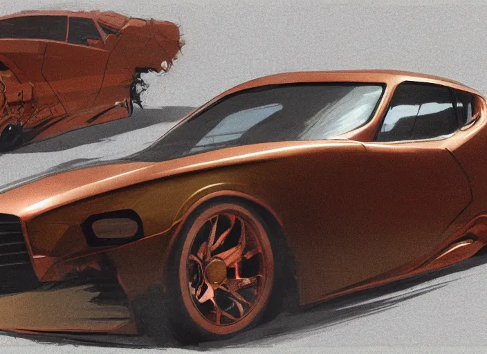 Prompt: copper color paint car designed by dmc and gmc, concept art style by john berky and liam wong and michael whelan.