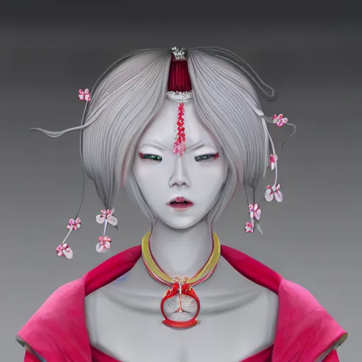 Image similar to albino maiko with a long fancy hair, detailed, jewelry, sakura, photograph, award wining, red and white, trending on artstation, 4 k, neon highlights