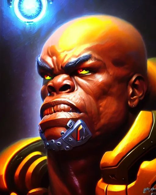 Image similar to doomfist from overwatch, fantasy, fantasy art, character portrait, portrait, close up, highly detailed, intricate detail, amazing detail, sharp focus, vintage fantasy art, vintage sci - fi art, radiant light, caustics, by boris vallejo