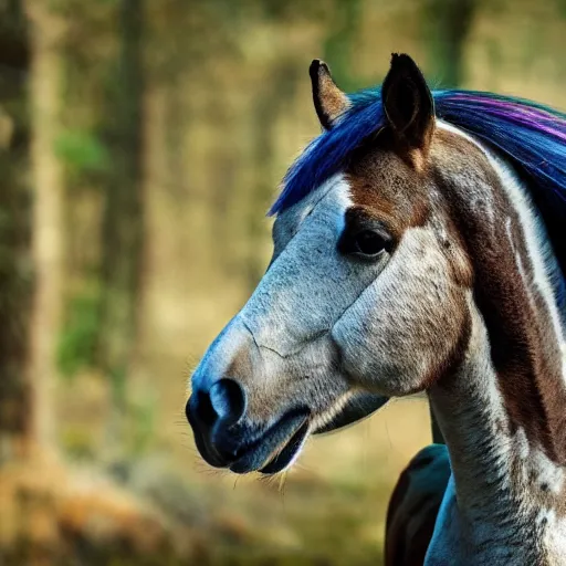 Image similar to photo of a wild horse in the woods that looks like a my little pony, feral vicious cryptid