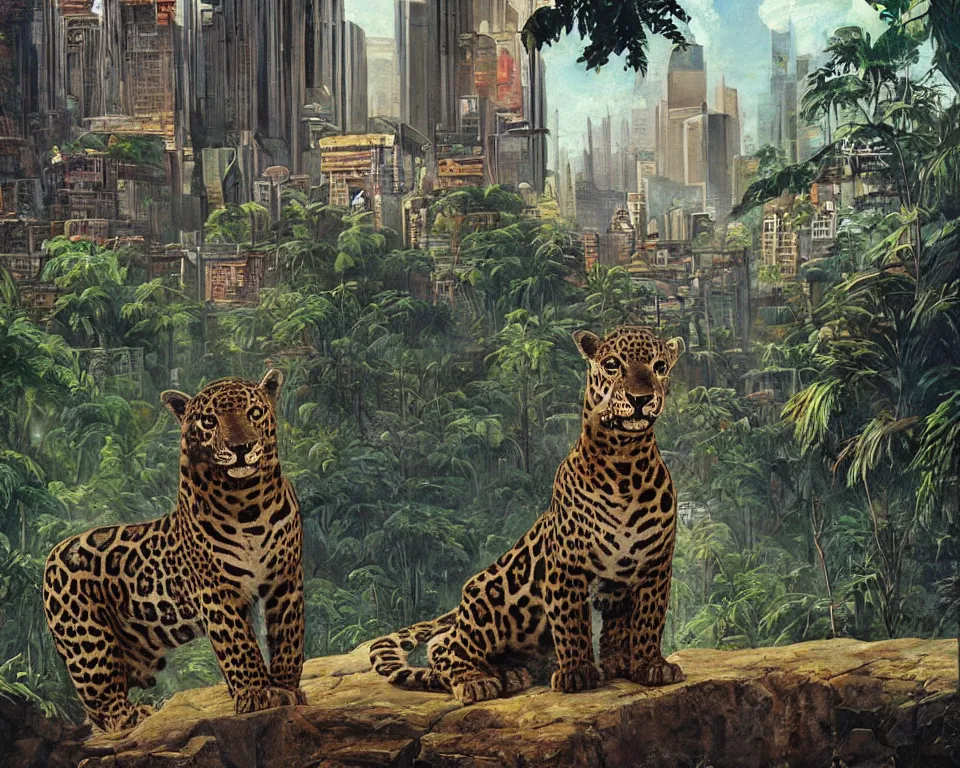 Image similar to an achingly beautiful oil painting of an Incan jaguar standing alone in the square of a resplendent futuristic jungle city by Raphael and Hopper.