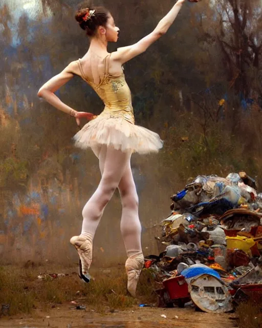 Image similar to a ballerina dancing at a rubbish dump. highly detailed painting by gaston bussiere, craig mullins, j. c. leyendecker 8 k