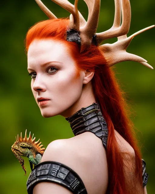 Image similar to 5 5 mm portrait photo of an armored redhead woman with antlers on her head and a an iguana on her shoulder, by luis royo. highly detailed 8 k. intricate. lifelike. soft light. nikon d 8 5 0. cinematic post - processing