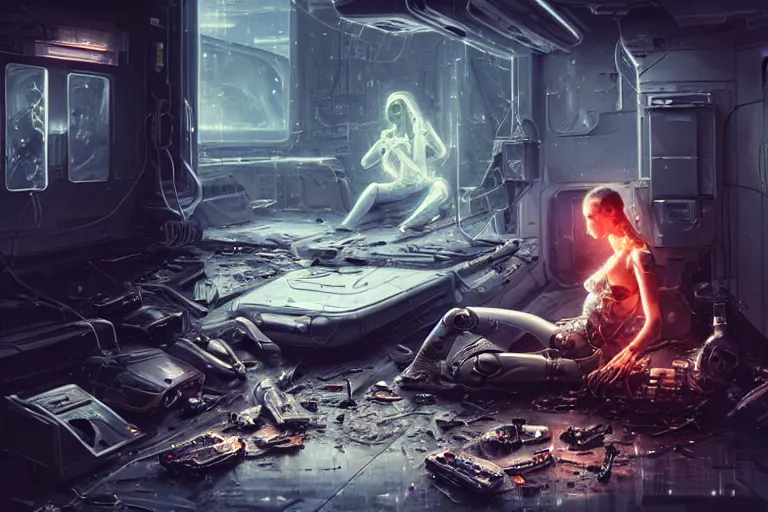 Image similar to Ultra realistic illustration, beautiful alluring damaged cyborg sitting on the floor of a destroyed spaceship, smoking a cigarette while being put back together in an super advanced military medical bay, cyberpunk, sci-fi, fantasy, sparks, small flames, smoke, intricate, elegant, highly detailed, digital painting, artstation, concept art, smooth, sharp focus, illustration, gorgeous cinematic lighting, art by artgerm and greg rutkowski and alphonse mucha