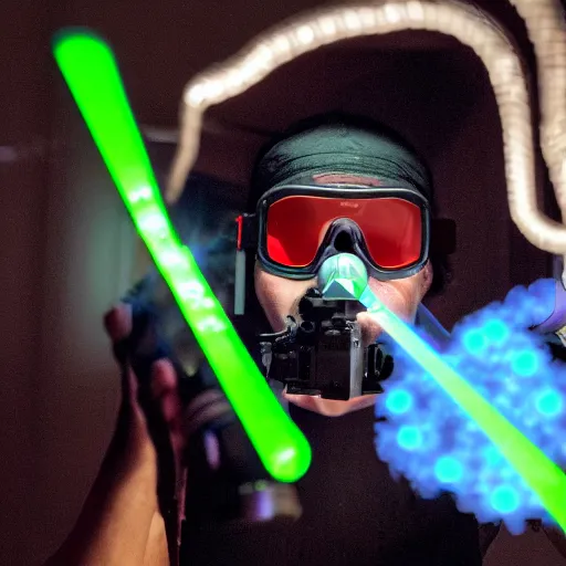 Prompt: a scientist standing in a dark room wearing goggles looks ecstatic while testing out the new laser gun prototype by firing it