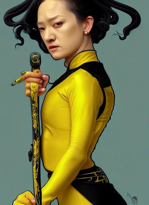 Prompt: uma squidward in kill bill, rococo and art nouveau fusion, reflective katana, yellow jumpsuit with black stripe, highly detailed, deep focus, elegant, digital painting, smooth, sharp focus, illustration, ultra realistic, japanese art by artgerm and alphonse mucha