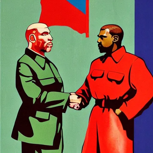 Image similar to a majestic soviet propaganda poster of kanye west shaking hands with lenin