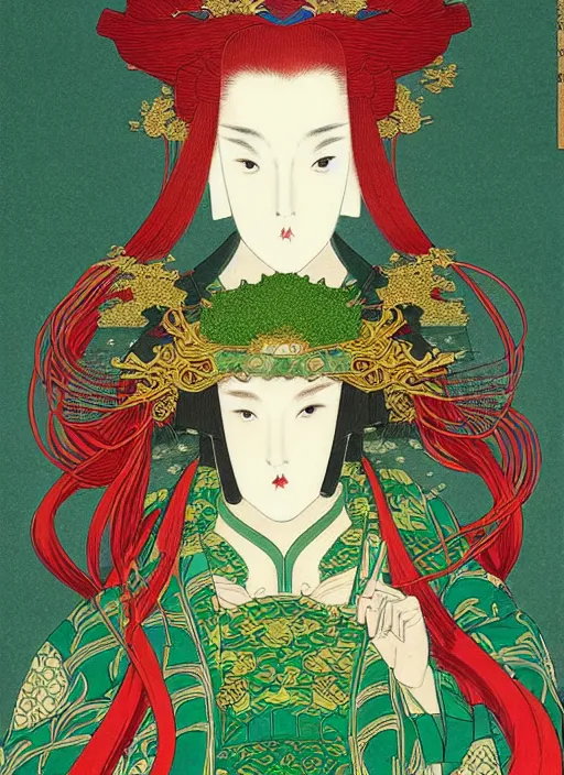 Image similar to a beautiful ukiyo - e portrait of a beautiful elven queen with long red hair, wearing green, red and gold ornate dress, golden intricate crown. detailed symmetrical close up portrait, intricate complexity, concept art, by takato yamamoto, wlop, krenz cushart. cinematic dramatic atmosphere, sharp focus