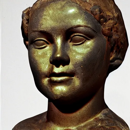Image similar to an extremely ancient rusty iron bust of tuesday weld that is tarnished and covered in sediment from uncovered earth expedition, rare photograph, smithsonian,